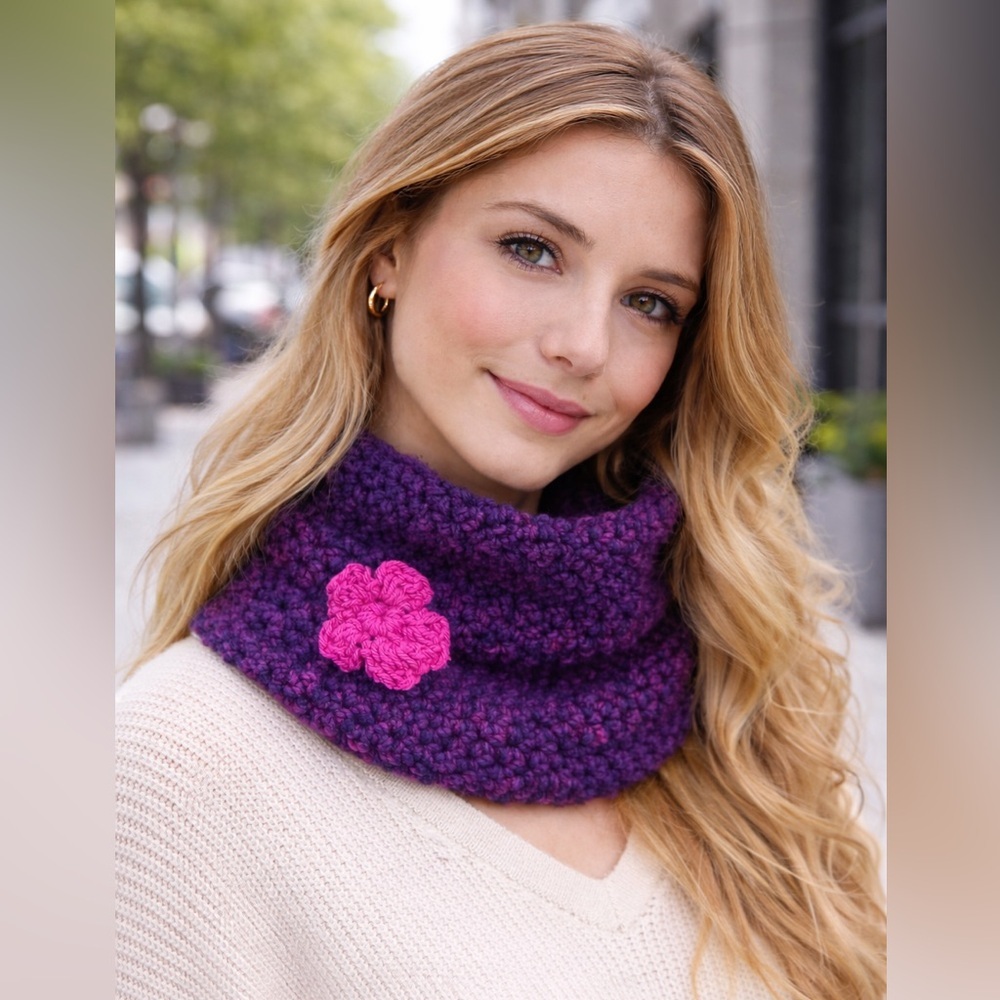 Handmade Purple Crochet Cowl with Pink Flower Accent: